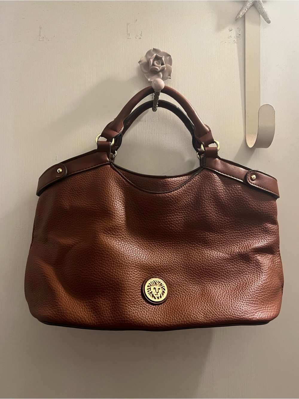 Anne Klein Brown Pebbled Leather Shoulder Tote with Gold Medallion